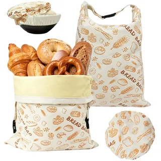 Nimblyne 2 Stück Bienenwachs Brotbeutel 42x 32 cm und Schüsseldeckel 20 cm, Wiederverwendbare Brottasche, Baumwoll Aufbewahrungsbeutel, Baumwolle Brotsack, Bienenwachsbeutel für Brot und Backwaren