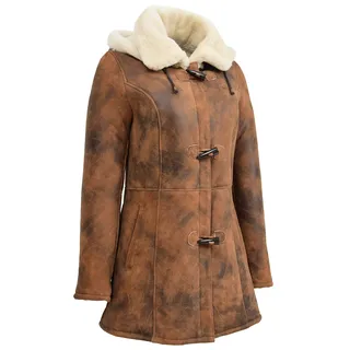 A1 FASHION GOODS Echtes Schaffell Duffle Mantel Für Frauen 3/4 lang Mit Kapuze Cognac Shearling Jacke Armas - 38
