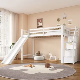ODIKALO Kinderbett Hochbett mit Rutsche Ablageleiter Stauraum Fallschutz Weiß 90*200 cm - Weiß