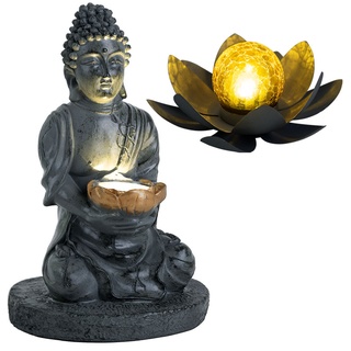 Aussen Solarleuchte Buddha Feng Shui Außen Solarblume Lotusblume Solar Crackle Glas, grau, LED Leuchtmittel, 1x Lotus 1x Buddha, 2er Set
