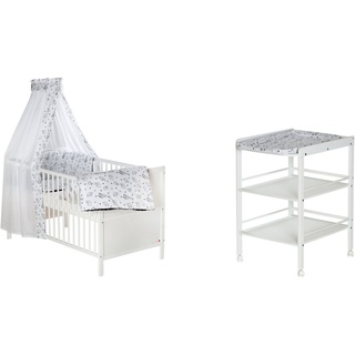 Schardt Babymöbel-Set Lenny, Origami Black, (Spar-Set, 2-St., Kinderbett, Wickelregal), Kinderbett mit textiler Ausstattung und Wickelregal mit Wickelauflage weiß