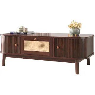 Merax Couchtisch - Rattan-Kaffeetisch, Schubladen mit Rattan und Schiebetüren mit Massivholzlatten, Massivholzbeine, braun