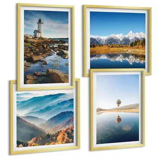 BILDER SET 4er Set - 50x50 cm & 40x60 cm Goldrahmen - Ausblicke auf die Natur, Leuchtturm, Berge