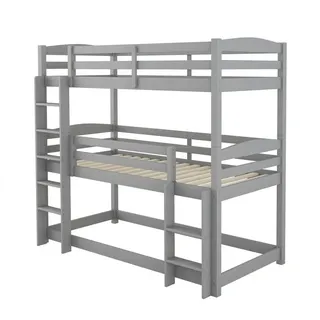 Merax Hochbett 90x200 cm mit drei Ligeflächen, Kinderbett Kiefer mit Leiter Etagenbett verwandelbar mit Rausfallschutz, 3 Stk. Einzelbett grau