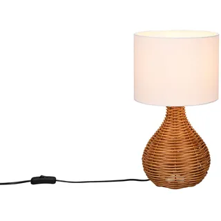 meineWunschleuchte Große Tischlampe Rattan Natur Stoffschirm Weiß im Boho Stil, rund Ø 22cm