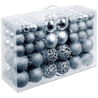 Weihnachtsgeschenke Set mit 100 Weihnachtskugeln – Dekoration – unzerbrechlich – für drinnen und draußen – Kunststoff – Ø3/4/6 cm – matt, glänzend, glitzernd und offen – Silber