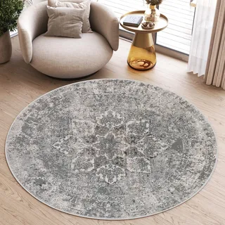 TAPISO Valley Teppich Rund Kurzflor Vintage Hellgrau Taupe 120 x 120 cm | 75% Polypropylen, 25% Polyester, 9 mm Florhöhe, gewebt