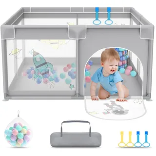 UISEBRT Laufstall Baby 127x127cmLaufgitter für Baby mit 50 Ocean Bällen & 4 Zugringen & Tragetasche, Faltbar Laufgitterzelt mit Atmungsaktivem Netz für Kinder, Grau mit Astronautenmotiven