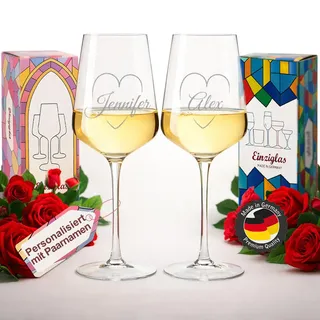 glastal Weinglas 2er Set mit Gravur Personalisiert mit Namen, Hochzeitsgeschenke für Brautpaar 560ml Leonardo Rotweinglas Geschenk für Paare zu Hochzeit, Verlobung, Jahrestag (Herz) - Made in Germany