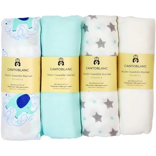 Cantoblanc - Pucktuch Musselin Tuch Baby 120x120 cm Bio-Baumwolle Bambus. 4 Einheiten. Groß Swaddle Blanket für Junge und Mädchen Neugeborene. Weich und Saugfähig.