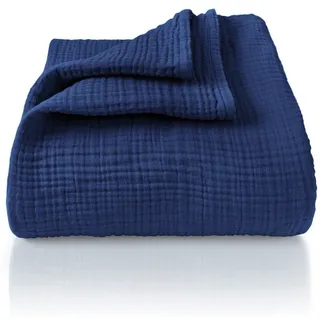Laynenburg Tagesdecke Musselin aus 100% Baumwolle – Baumwolldecke, Kuscheldecke, Wohndecke als Sommerdecke, Bett-Überwurf, Couch-Überwurf, Sofa-Decke blau 180 cm x 220 cm