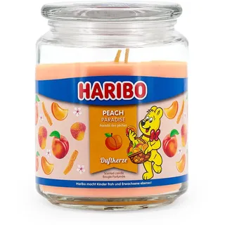 Haribo Duftkerze im Glas mit Deckel | Peach Paradise | Duftkerze Fruchtig | Kerzen lange Brenndauer (100h) | Geschenke für Frauen | Duftkerze Groß (510g)