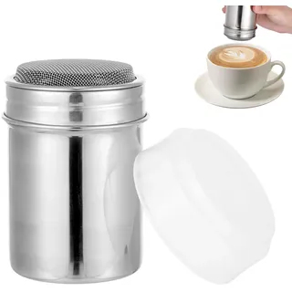 Puderzuckerstreuer Mehlstreuer Kakaostreuer Staubzuckerstreuer Kakao Streuer Cappuccino, Rostfreier Edelstahl, Feinmaschigem Deckel mit Kunststoff Frischhaltedeckel