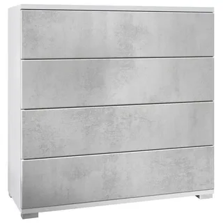 Vladon Kommode Pavos V3 (Sideboard, mit 4 Schubladen), Weiß matt/Beton Oxid Optik (76 x 76 x 35 cm) grau
