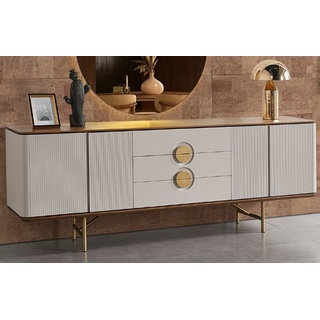 Casa Padrino Luxus Sideboard Hellgrau / Braun / Messing 220 x 50 x H. 80 cm - Massivholz Schrank mit 4 Türen und 3 Schubladen - Massivholz Möbel - Luxus Möbel - Luxus Einrichtung