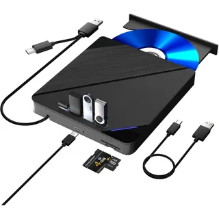 Externes Blu-ray-Laufwerk, 7-in-1, unterstützt 100G Discs, USB 3.0/Type-C Blu-ray-Laufwerk, BD/DVD/CD Brenner mit 4 USB-Anschlüssen, SD/TF-Kartensteckplatz, kompatibel mit Windows, Linux, macOS