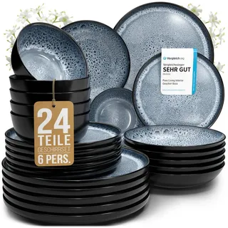 PURE LIVING INTERIOR DESIGN Steingut Geschirrset 6 Personen Ibiza 24 tlg. TESTSIEGER, Traumhaftes Mediterranes Steingut Geschirr Set, Schüssel- und Teller Set, Tafelservice 6 Personen, Geschirrsets Pure Living in Graublau