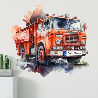 GRAZDesign Wandtattoo Feuerwehr Kinderzimmer Junge mit Namen personalisiert, Wand Aufkleber Tattoo Kinder Auto, Feuerwehrauto Wandaufkleber für Jungenzimmer 41x40cm