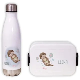 hellomini Mepal Lunch Set | Personalisiert | Mepal Brotdose Kinder & Trinkflasche 500ml | Personalisierte Brotdose & Trinkflasche Edelstahl | Geschenk zur Einschulung (Otter, Box weiß)