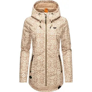 Ragwear leichte Damen Übergangsjacke lang Parka wasserdicht mit coolem Allover-Print und großer Kapuze Zuzka Ikat Latte Gr. M - M