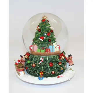 Dekorative Spieluhr / Schneekugel mit Rentierschlitten und Weihnachtsbaum