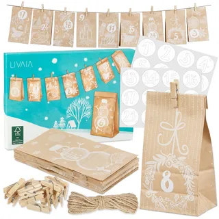 Adventskalender 2026 zum Befüllen: Papiertüten klein, Zahlen Aufkleber, Band, Holz Klammern - Adventskalender selber basteln LIVAIA