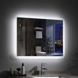 MIQU LED Badspiegel mit Beleuchtung 80x60 cm Badezimmerspiegel warmweiß/kaltweiß Lichtspiegel großer Wandspiegel mit Touch + beschlagfrei für Bad WC MIA