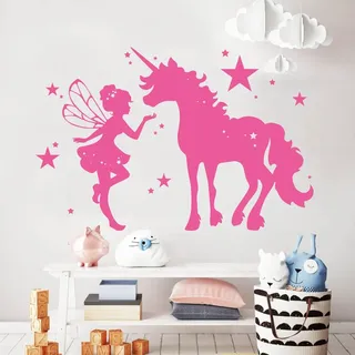 Wandtattoo Niedliche Elfe mit wunderschönem Einhorn/pink / 55 cm hoch x 83 cm breit