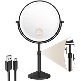 BTremary Schminkspiegel mit Beleuchtung 8", 20fach Vergrößerungsspiegel mit Licht, Höhenverstellbar Spiegel mit Beleuchtung for Badezimmer, 360° Drehbar Vergrößerungsspiegel für Details (Schwarz)