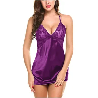 Unterkleid Damen Satin Nachthemd Kurz Sexy Babydoll V Ausschnitt Spitze Kleid Nachtkleid Schlafkleid Dessous Negligee Nachtwäsche Damen Sommer Mit G-String Sleepwear