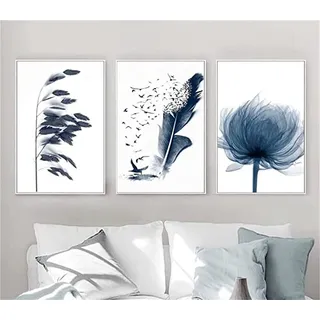 HMXQLW Blau Pflanze Wandbilder Stilvolle Bilder kunstdrucke Wohnzimmer Deko,Leinwandbilder Poster und Drucke Wandkunst Schlafzimmer Rahmenlos (3X40x60cm)