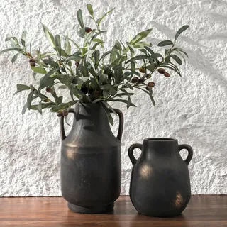 KRYSTHIA Keramik Blumenvasen mit Griffen, 2 Stück Große Dekorative Schwarze Vase, Bauernhaus Terrakotta Vasen für Wohnkultur, Rustikale Vintage Vase für Wohnzimmer, Küche, Schlafzimmer, Büro