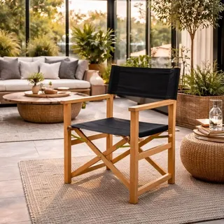 LEBENSwohnART Teak Klappstuhl REGIE Natural – wetterfest Outdoorstoff schwarz Wintergarten Garten Terrasse Balkon Massivholz