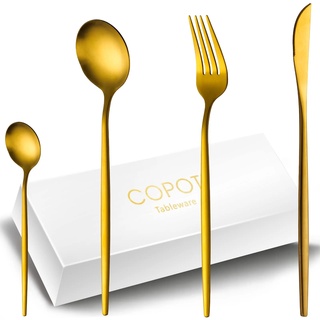 Besteck Gold Matt Für 6 Personen, COPOTI 24 Teilig Modern Edelstahl Leichtgewicht Messer Gabel Löffel Set,spülmaschinenfest.