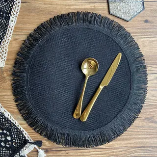 6PCS Tischset Rund, Platzset Rund Jute Handgewebt Quasten Rund Platzsets, Platzdeckchen Boho Retro Tischsets Abwaschbar Hitzebeständig Tischunterlagen (Schwarz)