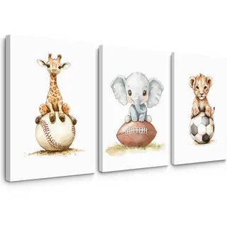 Kunstdruck auf Leinwand für Kinderzimmer, Motiv: Safari-Tier, Wanddekoration, Dschungel, Kinderposter, niedliches Gemälde, Fußball, Baseball, Kunstwerk, für Schlafzimmer, 30,5 x 40,6 x 7,6 cm, fertig