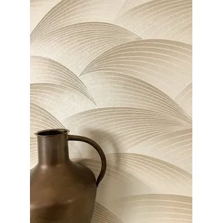 Newroom Vliestapete Sariel Beige Tapete Mustertapete Wellen,Bogen,Linien, Beige Tapete Modern Wellen - Mustertapete Streifentapete Creme Metallic 3D Optik Grafisch Bogen Linien für Wohnzimmer Schlafzimmer Küche, Streifentapete beige