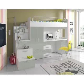 Compleo Jugendbett Etagenbett mit Schreibtisch und Treppe, Schrank und Schreibtisch MOES, für Jungen und Mädchen, Hochbett grün