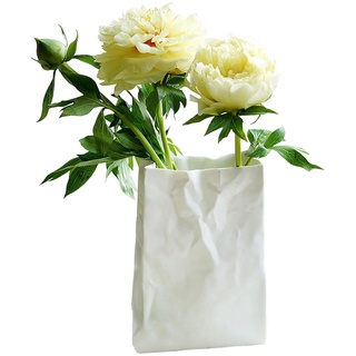 Blumenvase in Papiertütenform - Buch Blumenvase | Weiße Keramikvase Blumenvase, Crinkle Paper Bag Shape Vase, Art Dekorative Blumenvase für Hochzeit Sysdisen