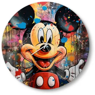 DEQOART Wanduhr 'Mickey im Farbenzauber' (Glas Glasuhr modern Wand Uhr Design Küchenuhr) bunt|rot|schwarz 50 cm x 50 cm