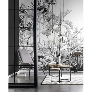 Rasch Textil Vliestapete Blumentapete Schwarz Weiß Naturoptik 688153 Mustertapete Tropical House - Schwarz
