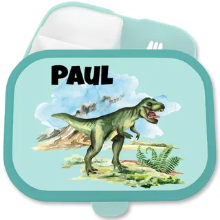 Shirtracer Mepal Brotdose Kinder personalisiert Dino T-Rex mit Name | Türkis, 750 ml, Fächer, Schule, spülmaschinenfest, Vesperbox, Kindergarten, Einschulung, Brotzeitbox, Brotzeitdose, Snackbox