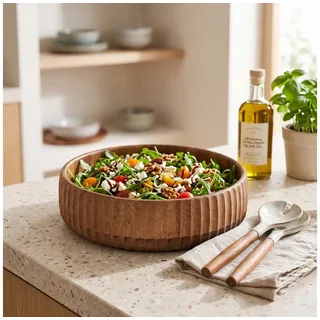 Bricard Servierschüssel Massivholz-Salatschüssel mit 3D-Rillenprofil Holz Natur, Ø 22 cm, Akazienholz braun