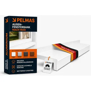 PELMAS Premium Alu Fensterbank Außen nach Maß, millimetergenauer Zuschnitt bis 2,5 m, inkl. Regenschalldämmung, Weiß RAL 9016, T x L | 26 x 120 cm