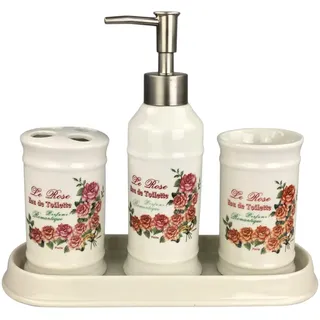 Landhaus Vintage Keramik Badset (Rosen) Badezimmerset Badezimmer Badeset Set Bad Zubehör, Seifenspender Zahnbürstenhalter Schale Zahnputzbecher Badgarnitur Garnitur (4er Set)