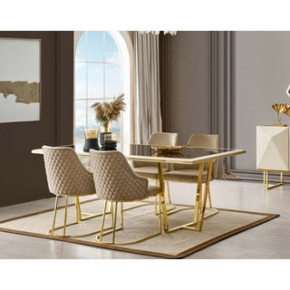 Essgruppe Luxus Essecke Esstisch Esstisch Stühle 7tlg Beige Gold Set JVmoebel