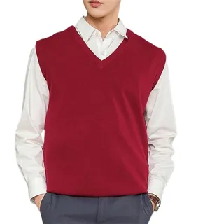 YGLEEULI Strickweste Herren Ärmellose, lockere, warme Pulloverweste for Herren, einfarbig, V-Ausschnitt, Pullover, Strickweste, männliche Weste(Red,XL)