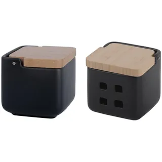 KOOK TIME Küchenzubehör-Set aus Keramik, inklusive 1 x Salzstreuer und 1 x Knoblauchdose mit Belüftungslöchern, Schwingdeckel aus Bambus, 11,5 x 11,5 x 11,5 cm, Schwarz