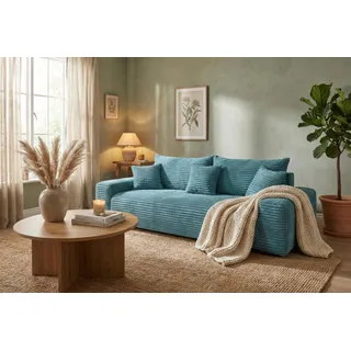 SOFILAND Cordo Schlafsofa 265×150 cm mit Bettkasten – Cord Sofa TILIA Breitcord, SoftTouch Komfort, 3-Sitzer Couch, abnehmbare Kissen, Easy Clean & Pet Friendly (Blau)