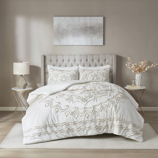 Madison Park Violette 100% Chenille Cotton Tufted Duvet - Boho Medallion Design, Modern Luxe All Season Comforter Cover Bed Set with Matching Shams, Full/Queen(90"x90"), Ivory/Taupe 3 Piece